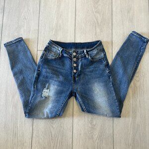 Distressed Ripped Skinny Jeans with Button Fly